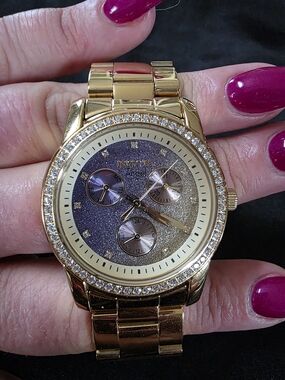 Invicta Ladies Angel 23822 Gold Tone Chronograph Crystal Pave Dial Watch